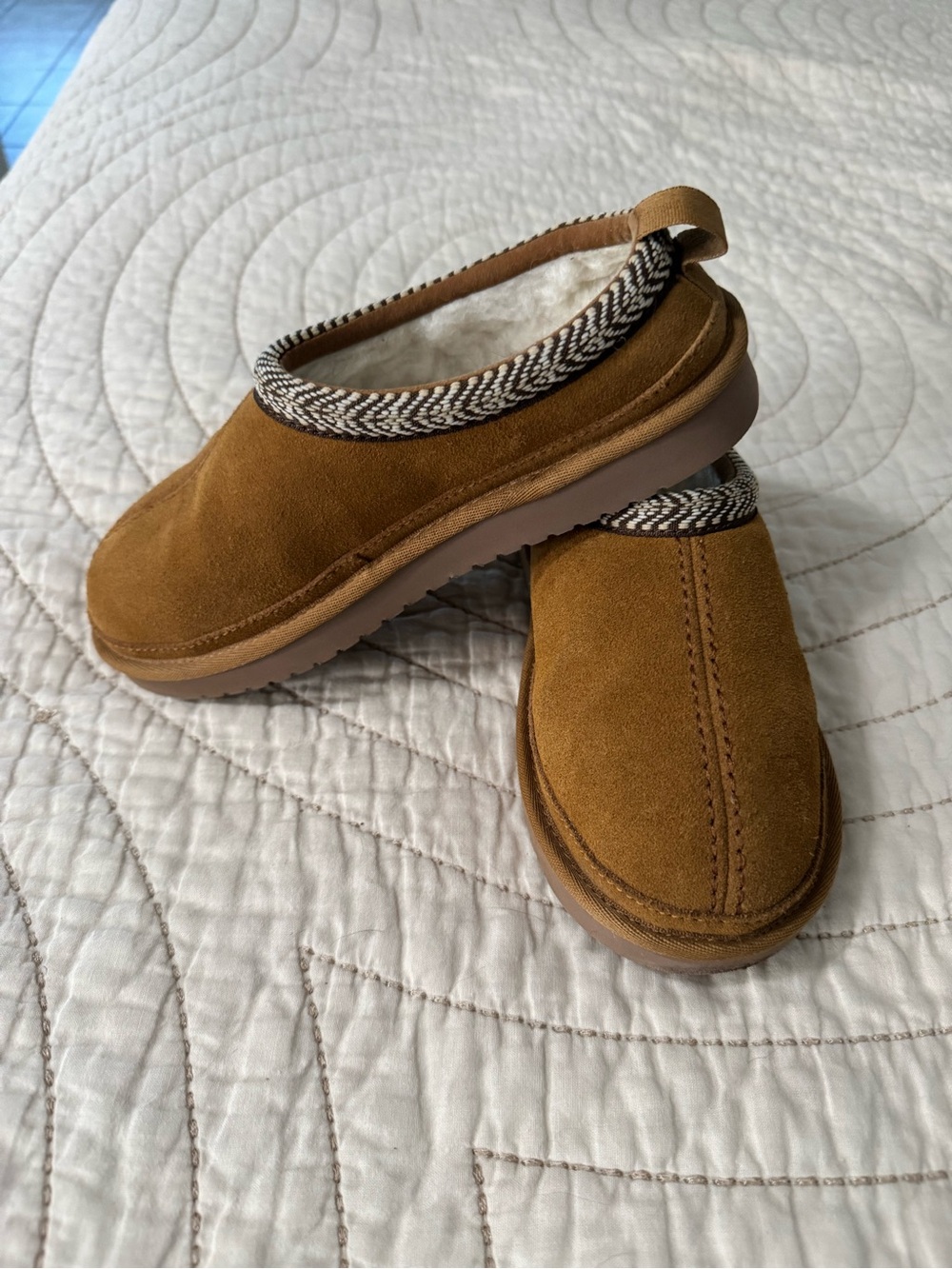 UGG Kids Chestnut Suede Slip-On Clog with Patterned Trim